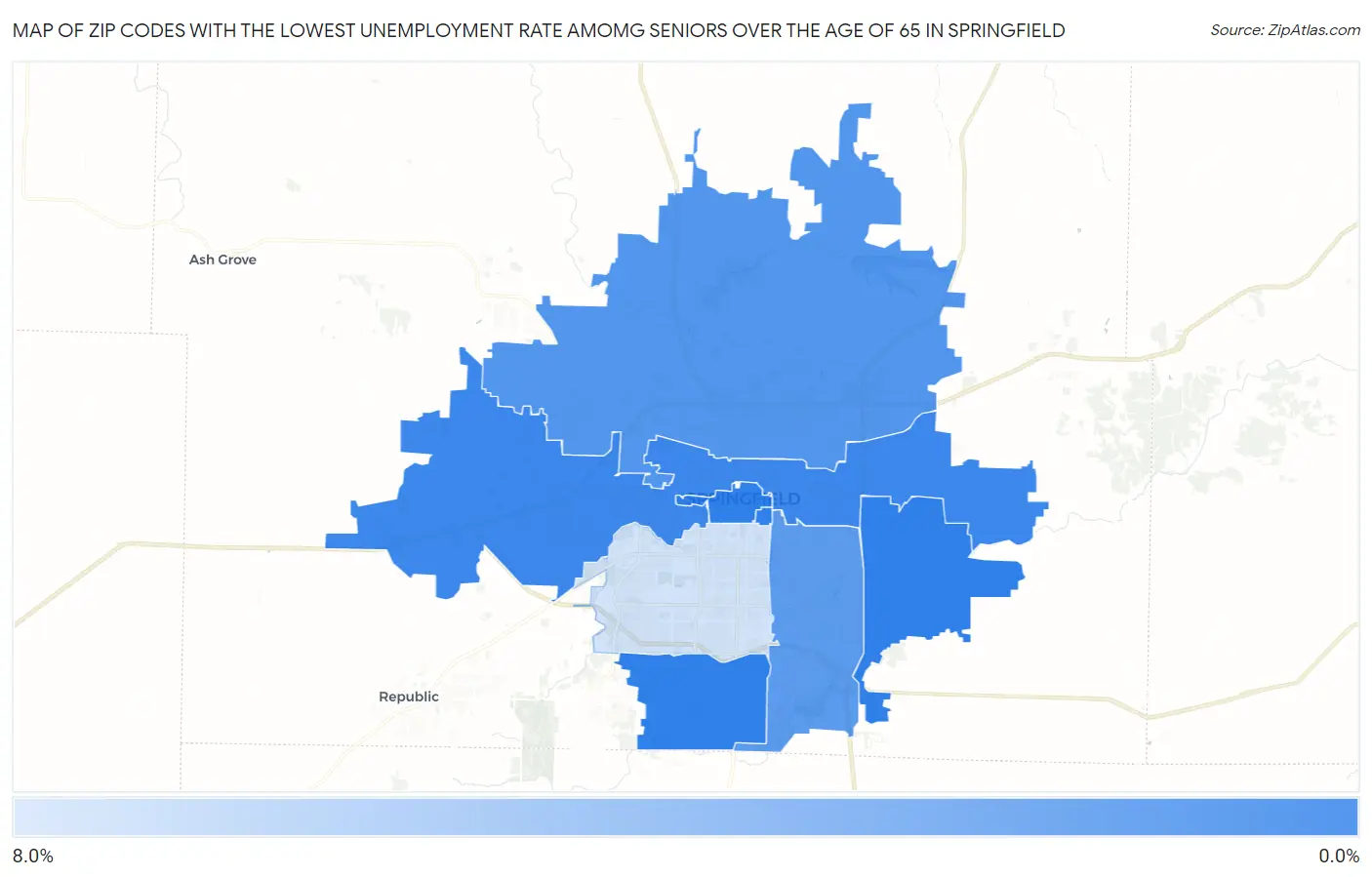 Zip Codes with the Lowest Unemployment Rate Amomg Seniors Over the Age of 65 in Springfield Map