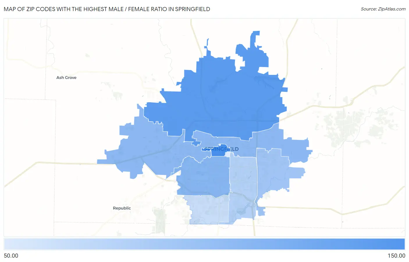 Zip Codes with the Highest Male / Female Ratio in Springfield Map