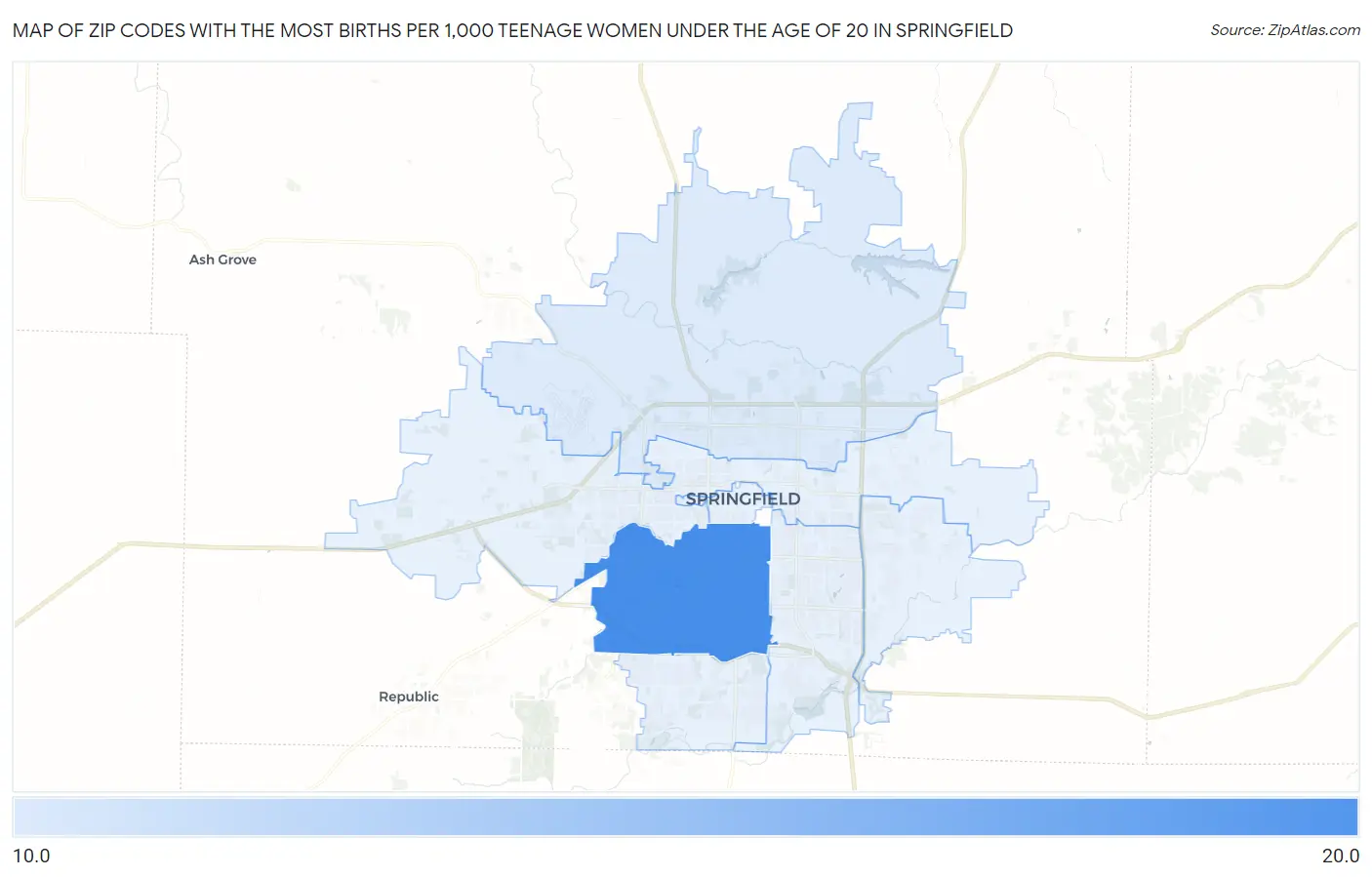 Zip Codes with the Most Births per 1,000 Teenage Women Under the Age of 20 in Springfield Map