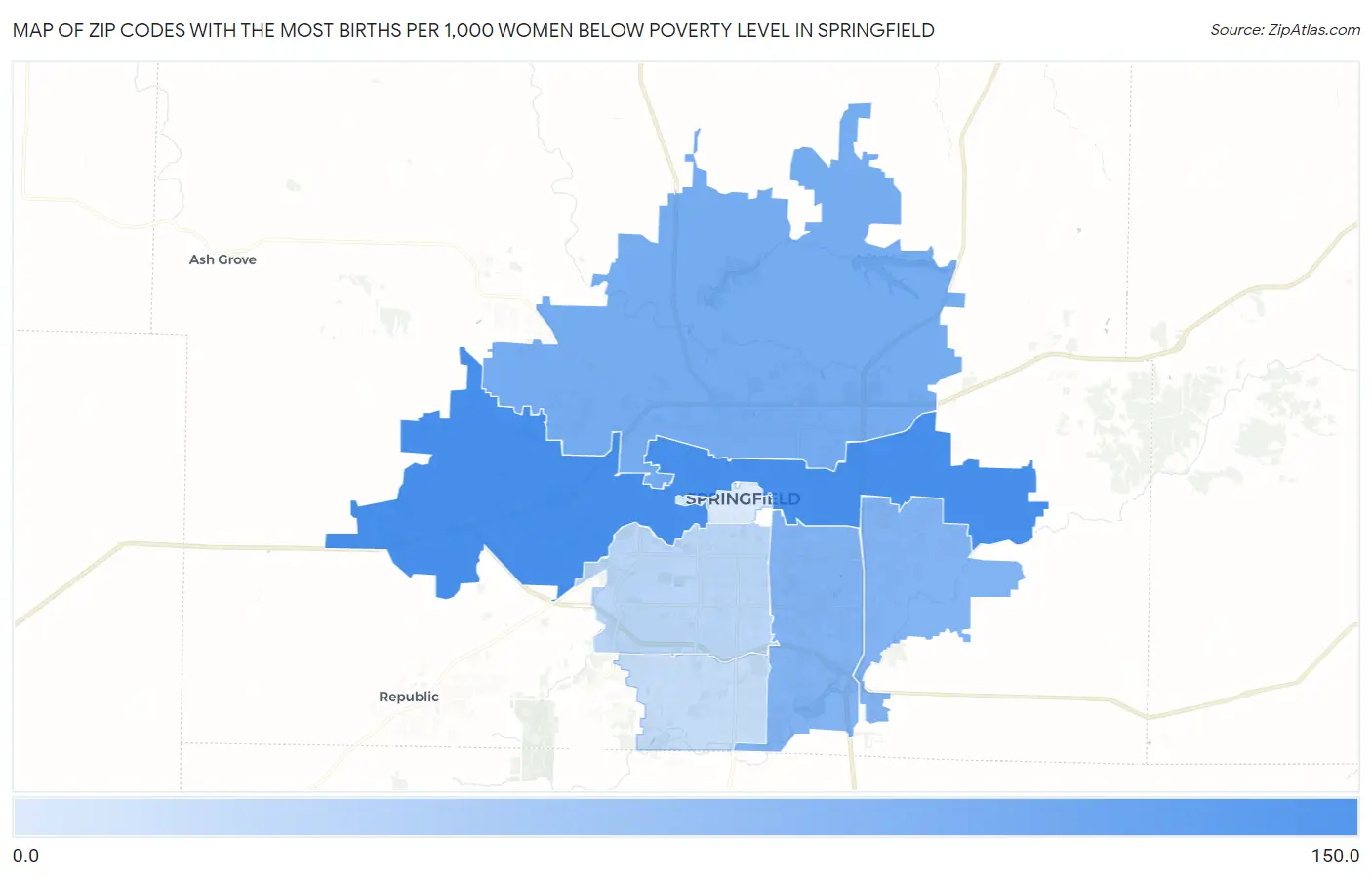 Zip Codes with the Most Births per 1,000 Women Below Poverty Level in Springfield Map