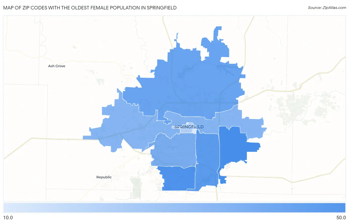 Zip Codes with the Oldest Female Population in Springfield Map