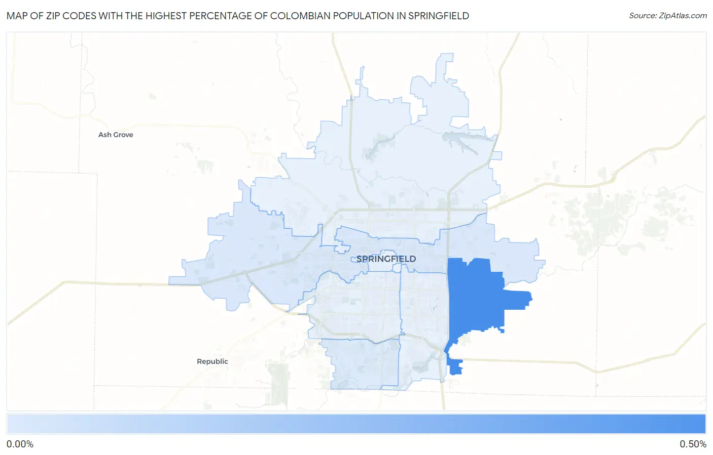 Zip Codes with the Highest Percentage of Colombian Population in Springfield Map