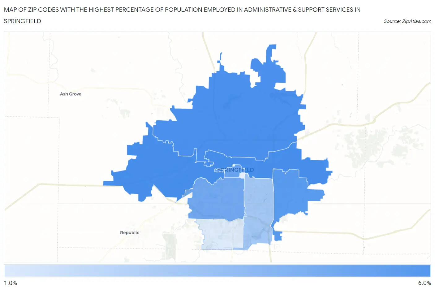 Zip Codes with the Highest Percentage of Population Employed in Administrative & Support Services in Springfield Map