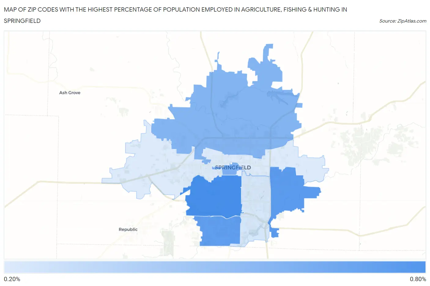 Zip Codes with the Highest Percentage of Population Employed in Agriculture, Fishing & Hunting in Springfield Map