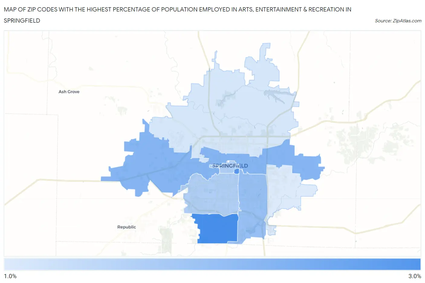 Zip Codes with the Highest Percentage of Population Employed in Arts, Entertainment & Recreation in Springfield Map