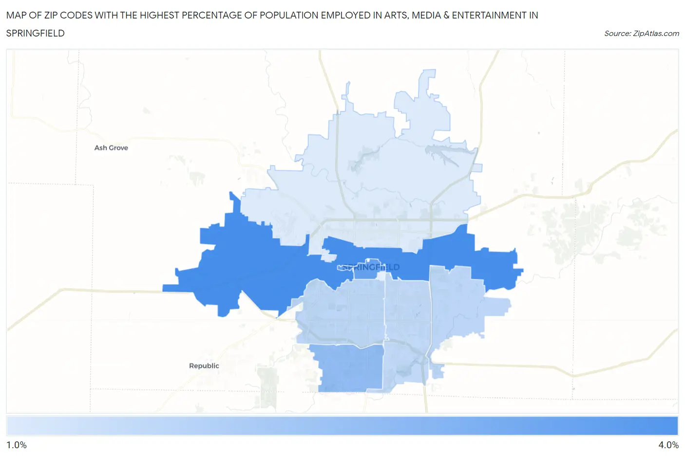 Zip Codes with the Highest Percentage of Population Employed in Arts, Media & Entertainment in Springfield Map
