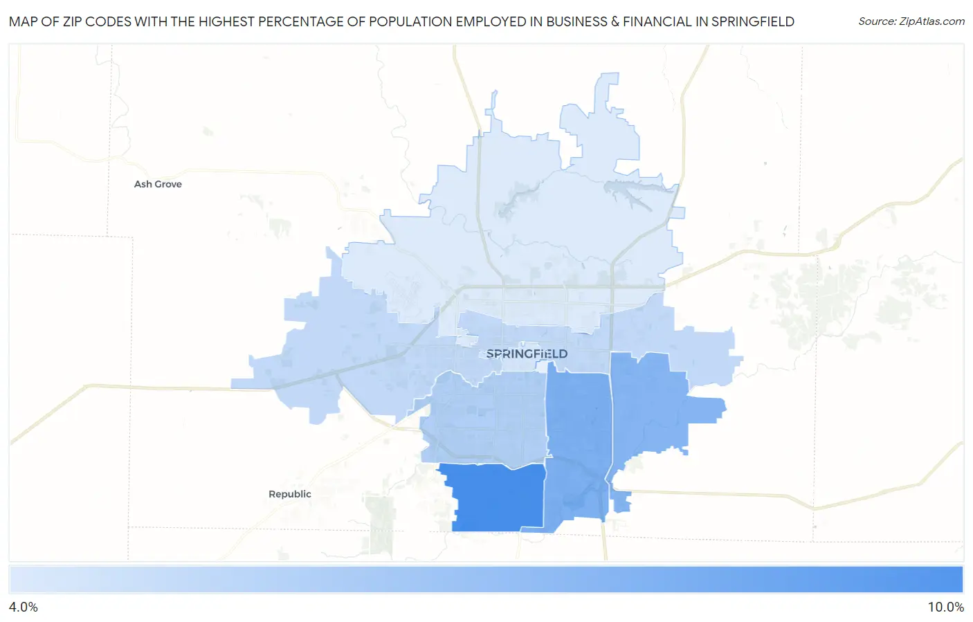 Zip Codes with the Highest Percentage of Population Employed in Business & Financial in Springfield Map