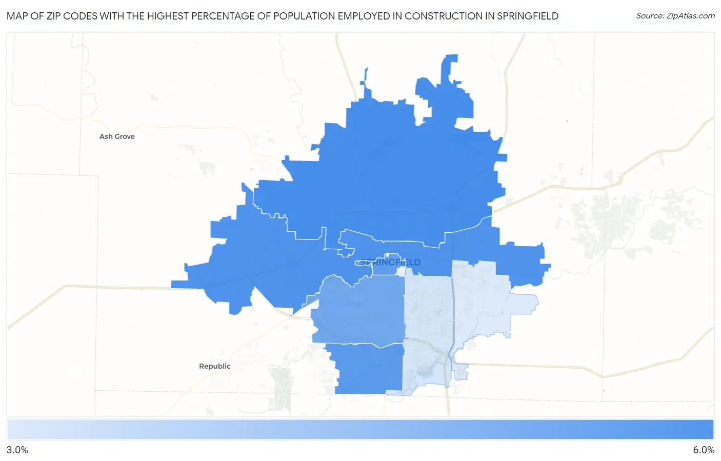 Zip Codes with the Highest Percentage of Population Employed in Construction in Springfield Map