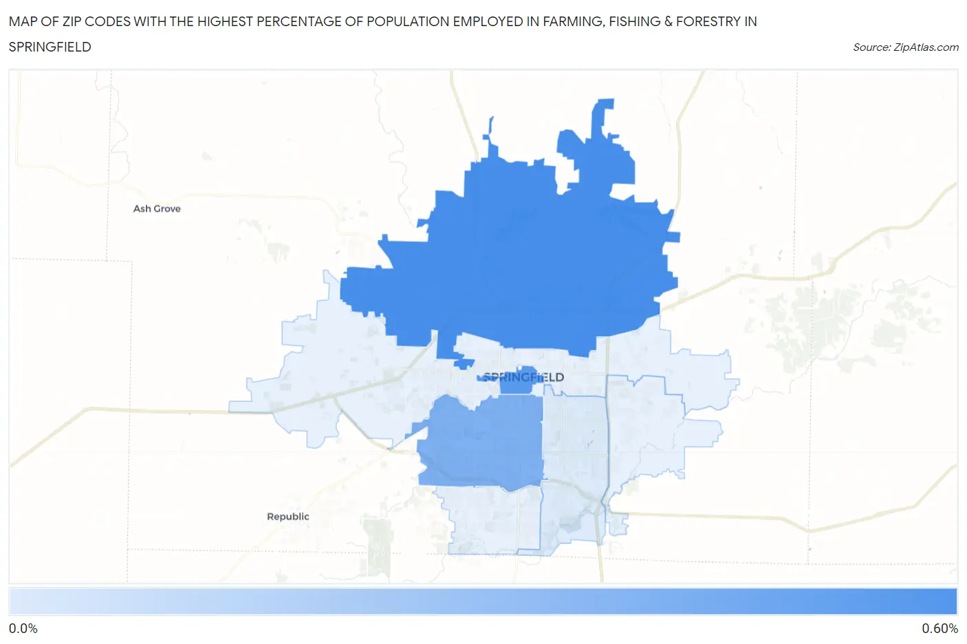 Zip Codes with the Highest Percentage of Population Employed in Farming, Fishing & Forestry in Springfield Map