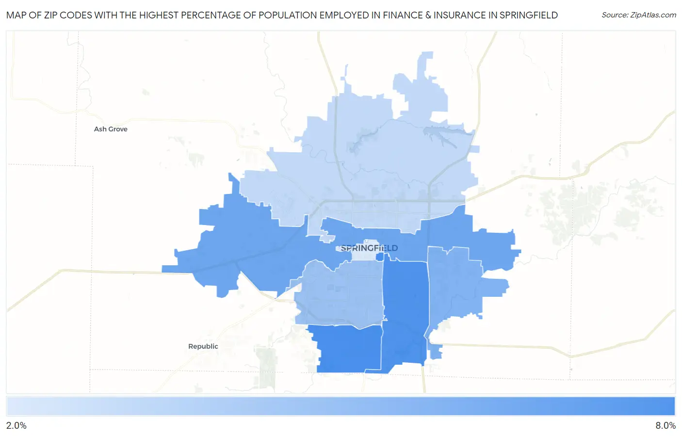 Zip Codes with the Highest Percentage of Population Employed in Finance & Insurance in Springfield Map