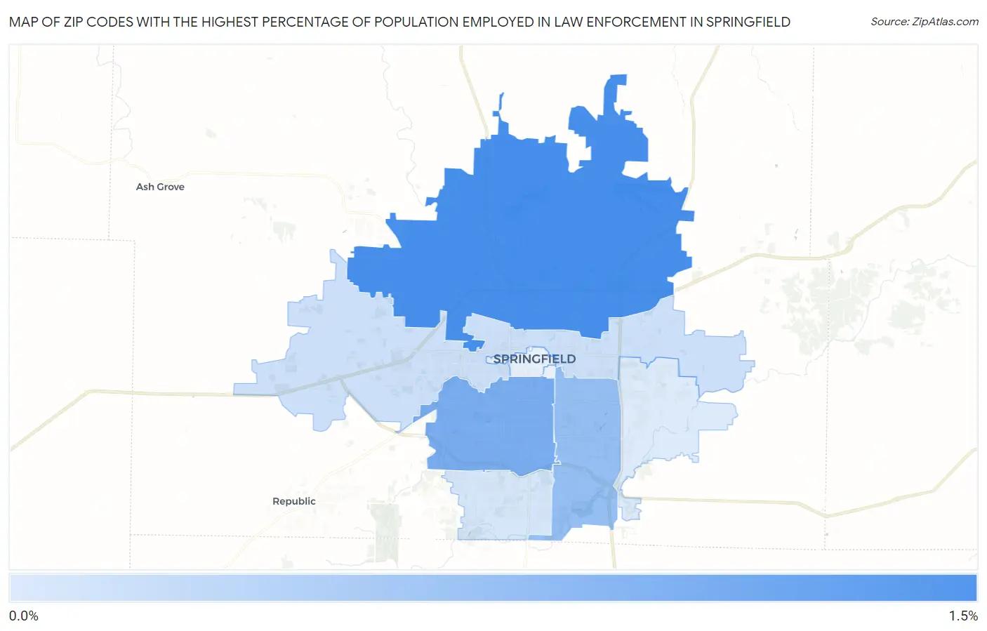 Zip Codes with the Highest Percentage of Population Employed in Law Enforcement in Springfield Map