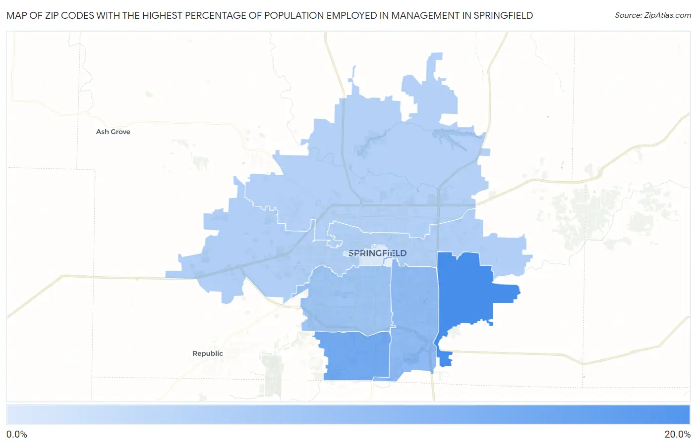Zip Codes with the Highest Percentage of Population Employed in Management in Springfield Map