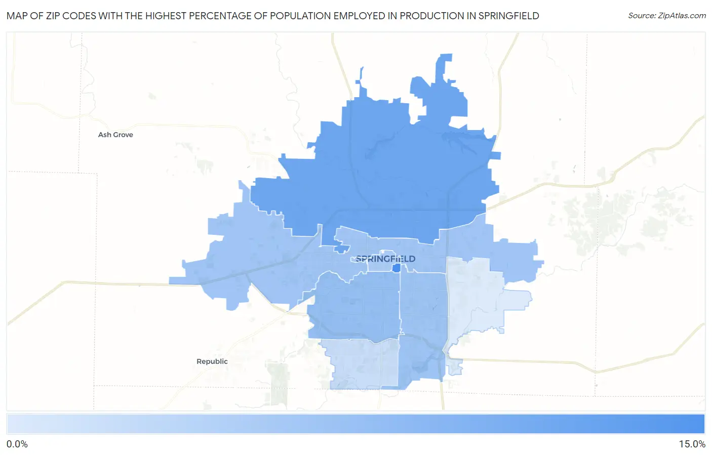 Zip Codes with the Highest Percentage of Population Employed in Production in Springfield Map