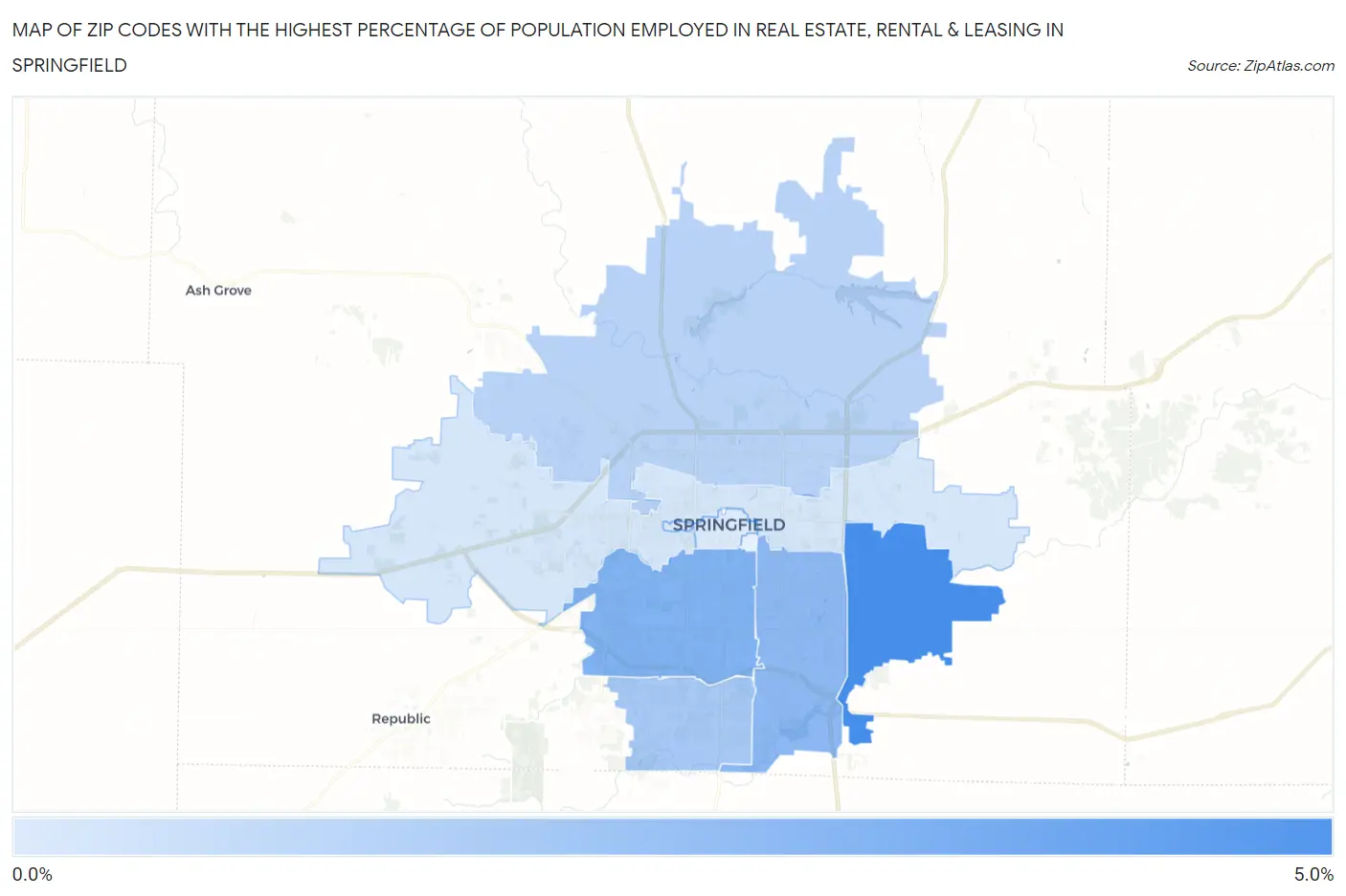 Zip Codes with the Highest Percentage of Population Employed in Real Estate, Rental & Leasing in Springfield Map