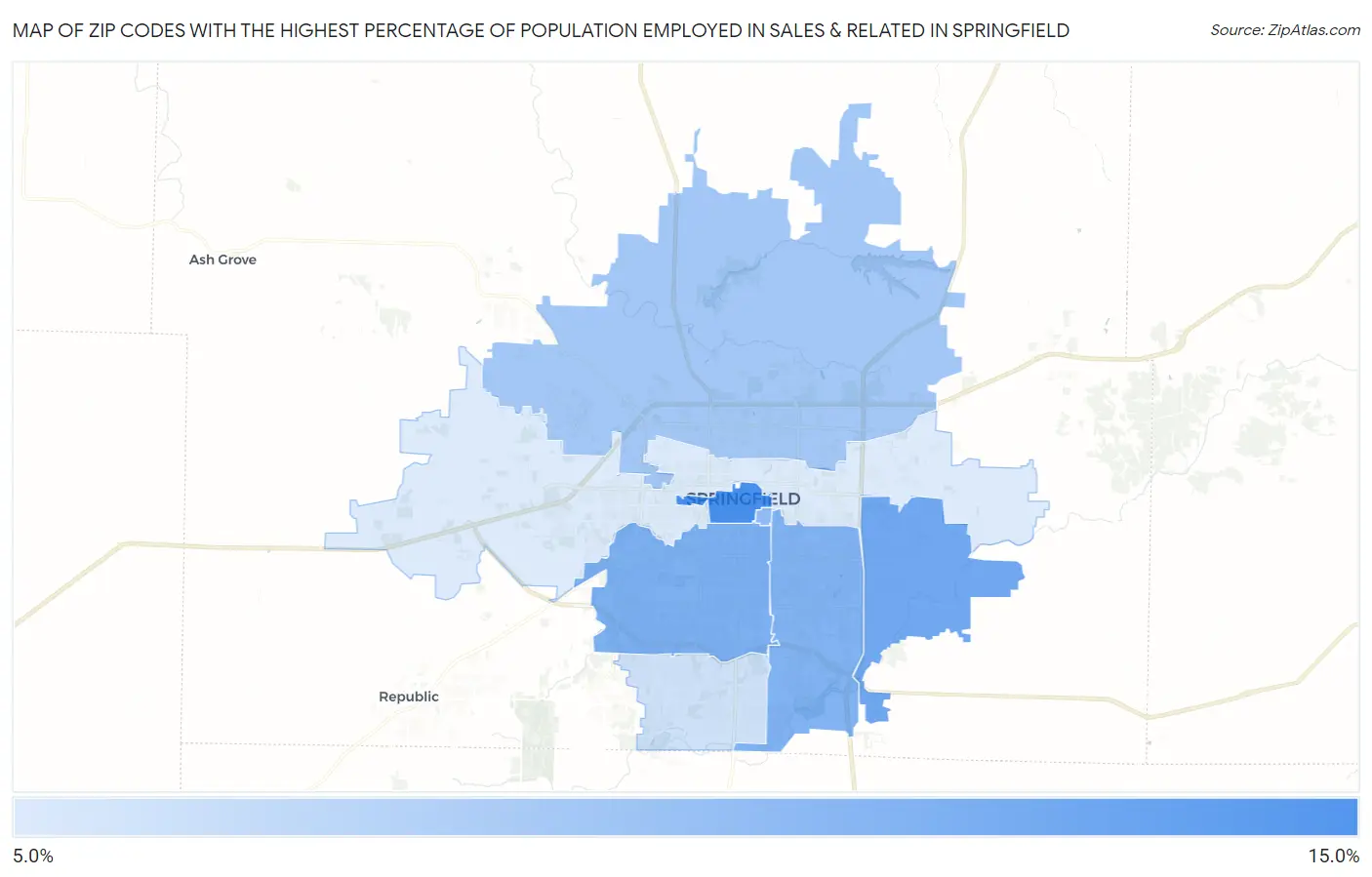 Zip Codes with the Highest Percentage of Population Employed in Sales & Related in Springfield Map