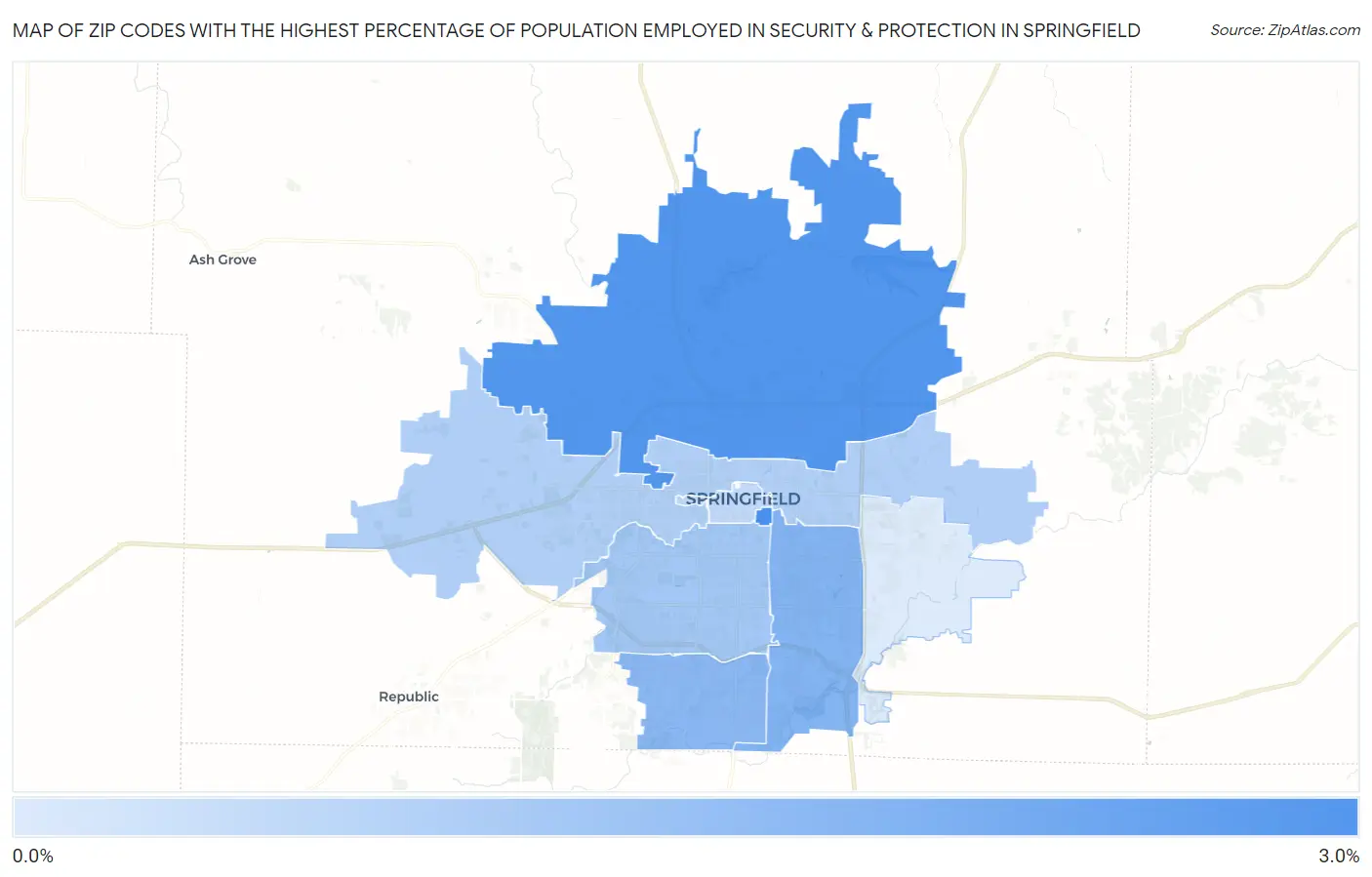 Zip Codes with the Highest Percentage of Population Employed in Security & Protection in Springfield Map