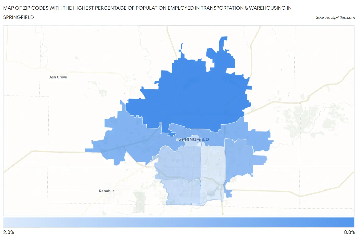 Zip Codes with the Highest Percentage of Population Employed in Transportation & Warehousing in Springfield Map