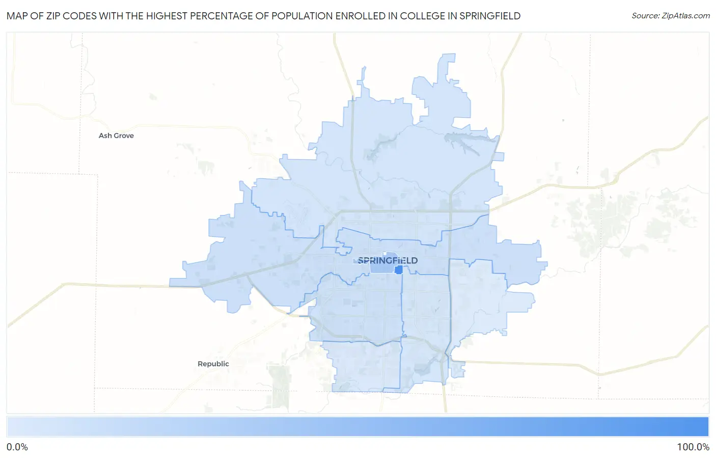 Zip Codes with the Highest Percentage of Population Enrolled in College in Springfield Map