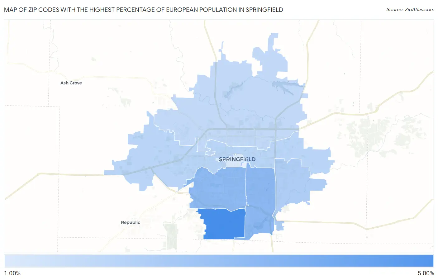 Zip Codes with the Highest Percentage of European Population in Springfield Map