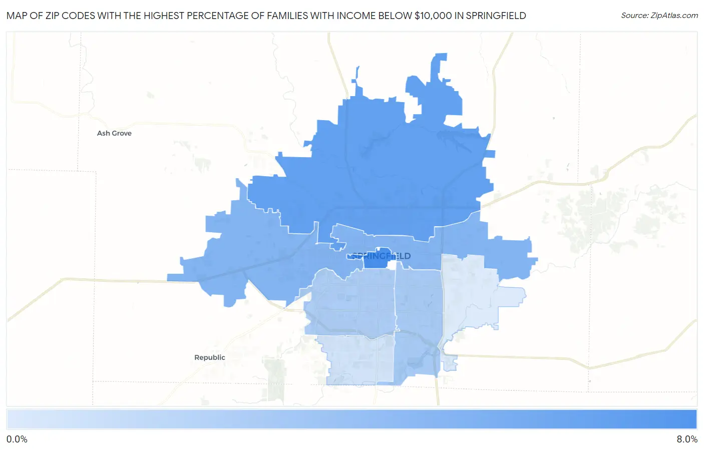 Zip Codes with the Highest Percentage of Families with Income Below $10,000 in Springfield Map