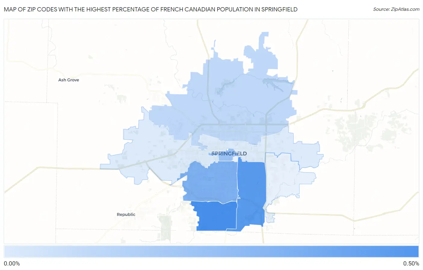Zip Codes with the Highest Percentage of French Canadian Population in Springfield Map