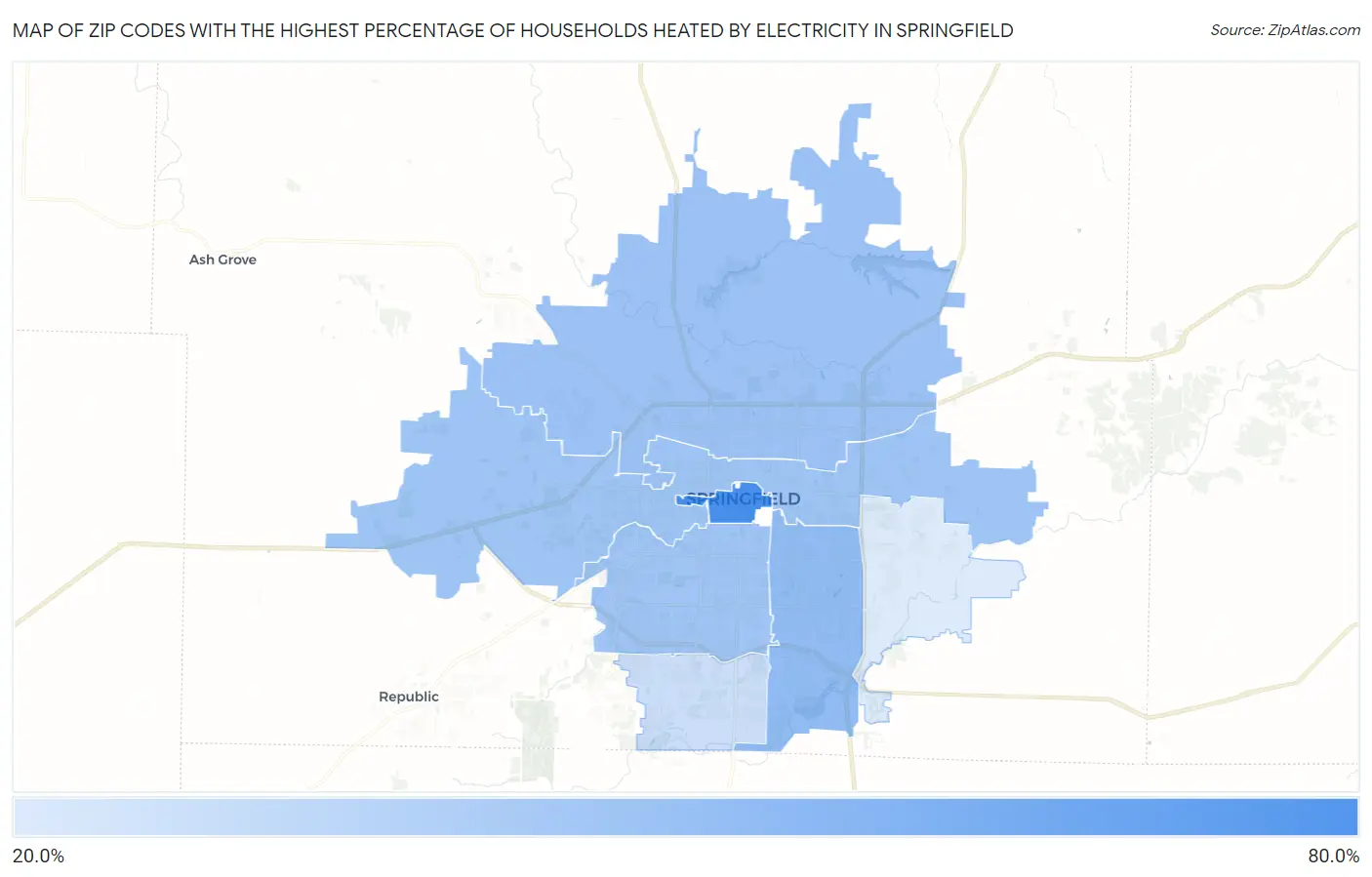 Zip Codes with the Highest Percentage of Households Heated by Electricity in Springfield Map