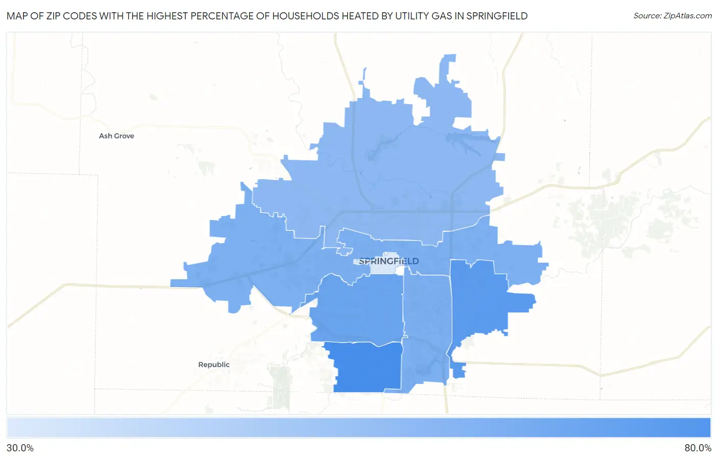 Zip Codes with the Highest Percentage of Households Heated by Utility Gas in Springfield Map