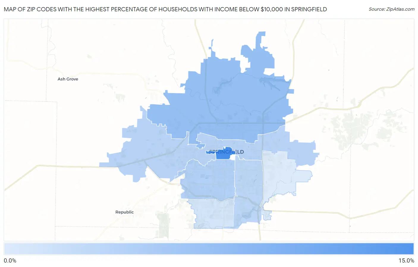 Zip Codes with the Highest Percentage of Households with Income Below $10,000 in Springfield Map