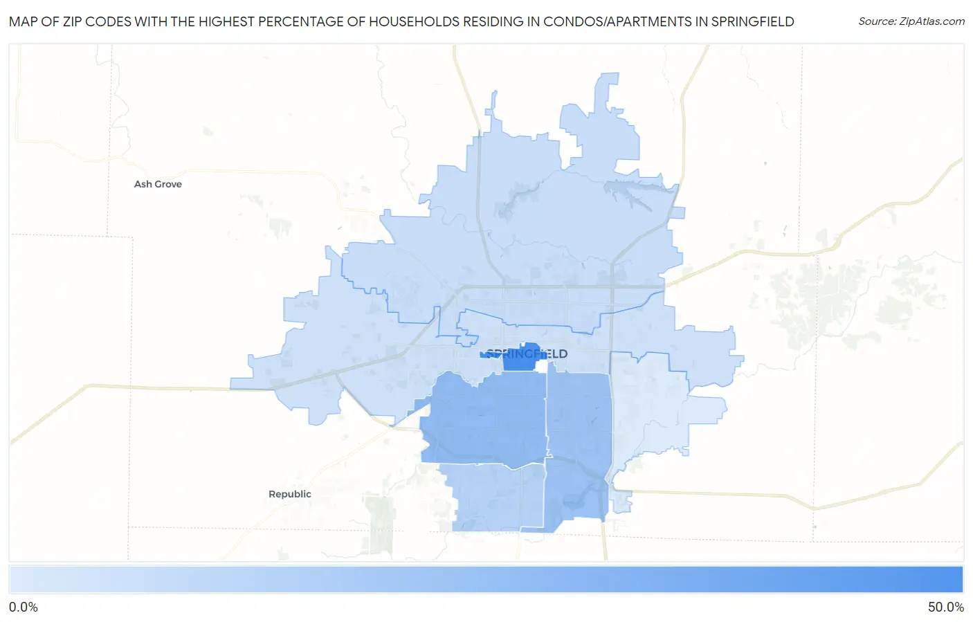 Zip Codes with the Highest Percentage of Households Residing in Condos/Apartments in Springfield Map