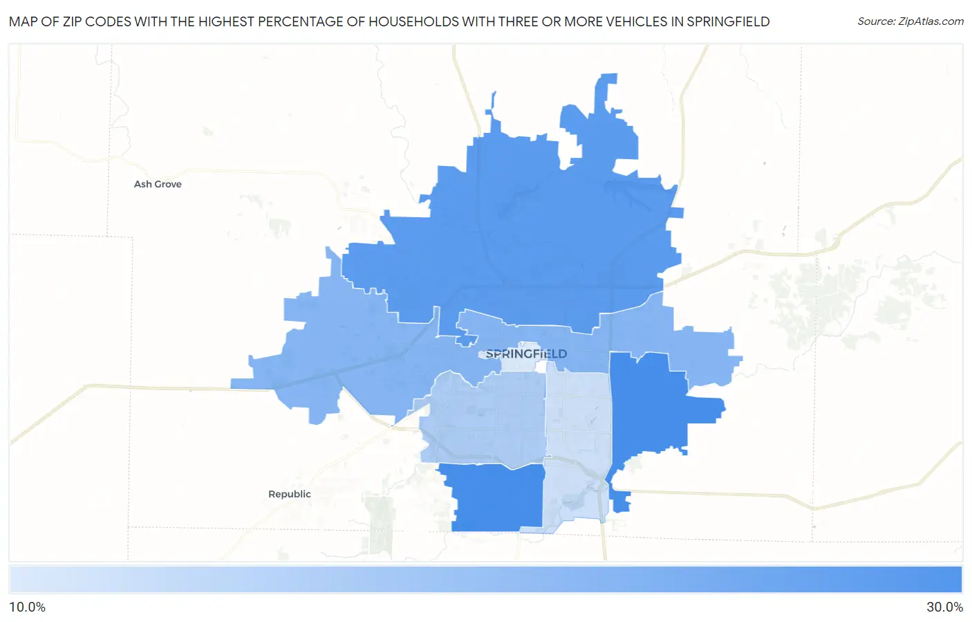 Zip Codes with the Highest Percentage of Households With Three or more Vehicles in Springfield Map