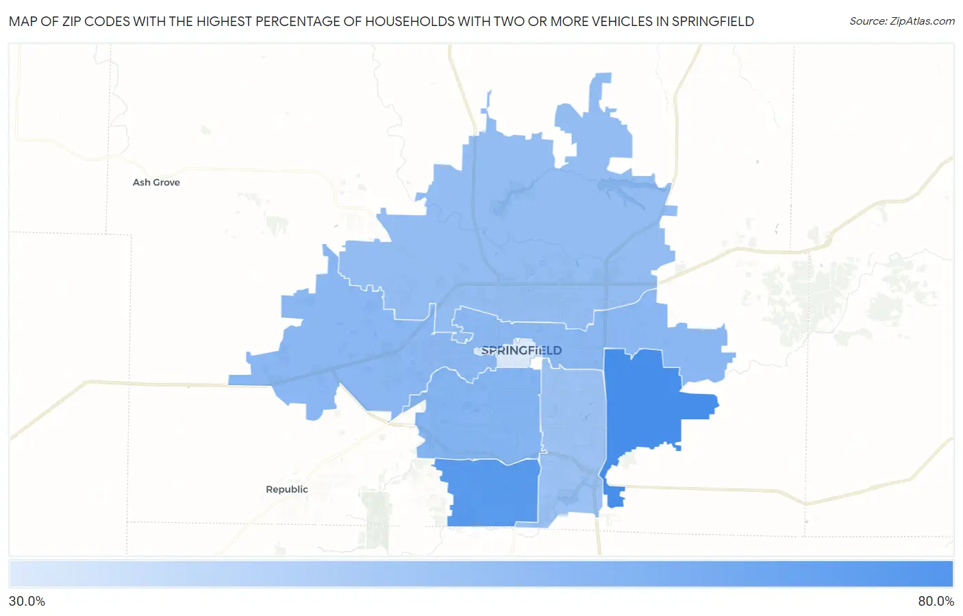 Zip Codes with the Highest Percentage of Households With Two or more Vehicles in Springfield Map