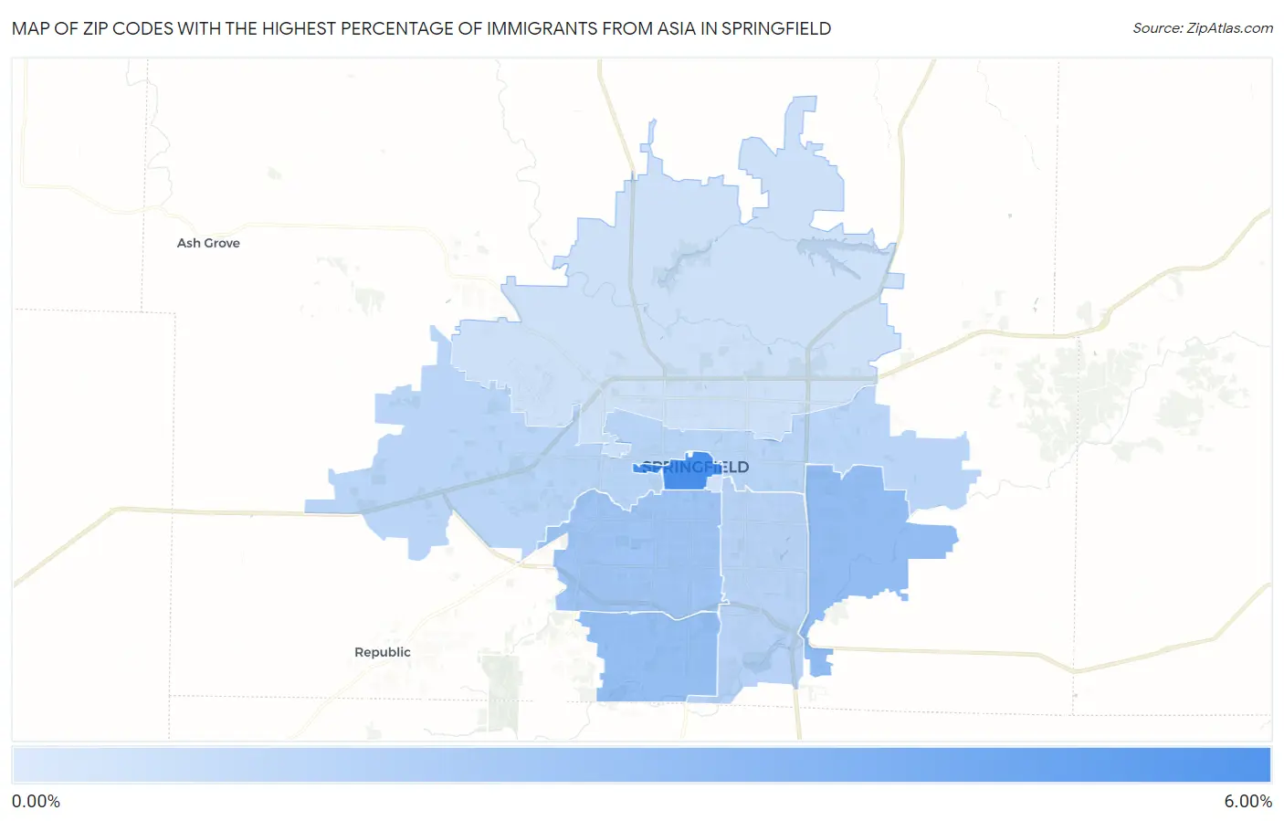 Zip Codes with the Highest Percentage of Immigrants from Asia in Springfield Map
