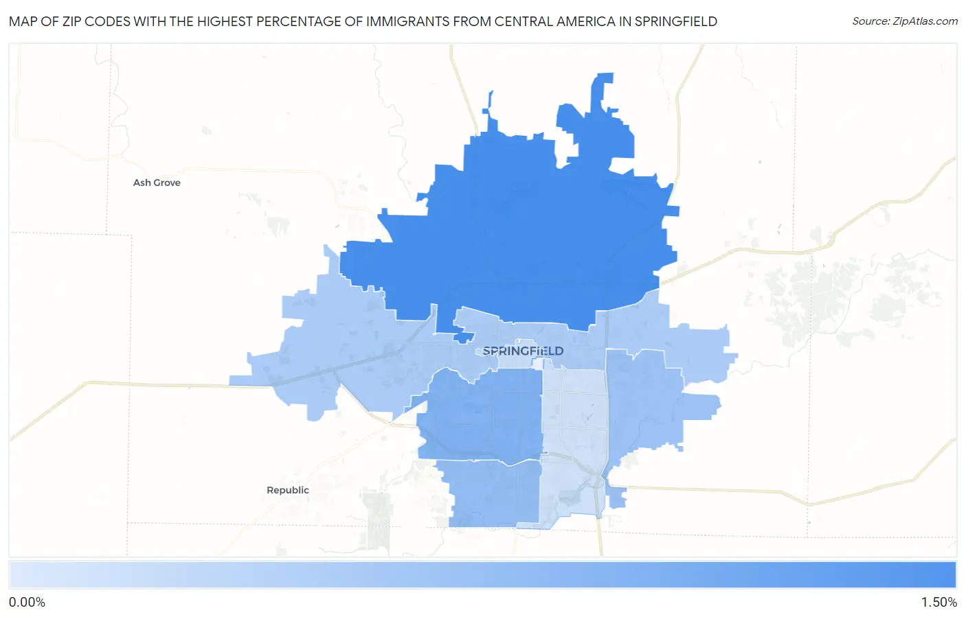 Zip Codes with the Highest Percentage of Immigrants from Central America in Springfield Map