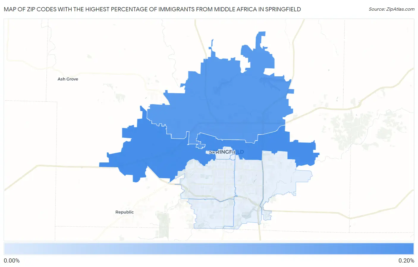 Zip Codes with the Highest Percentage of Immigrants from Middle Africa in Springfield Map