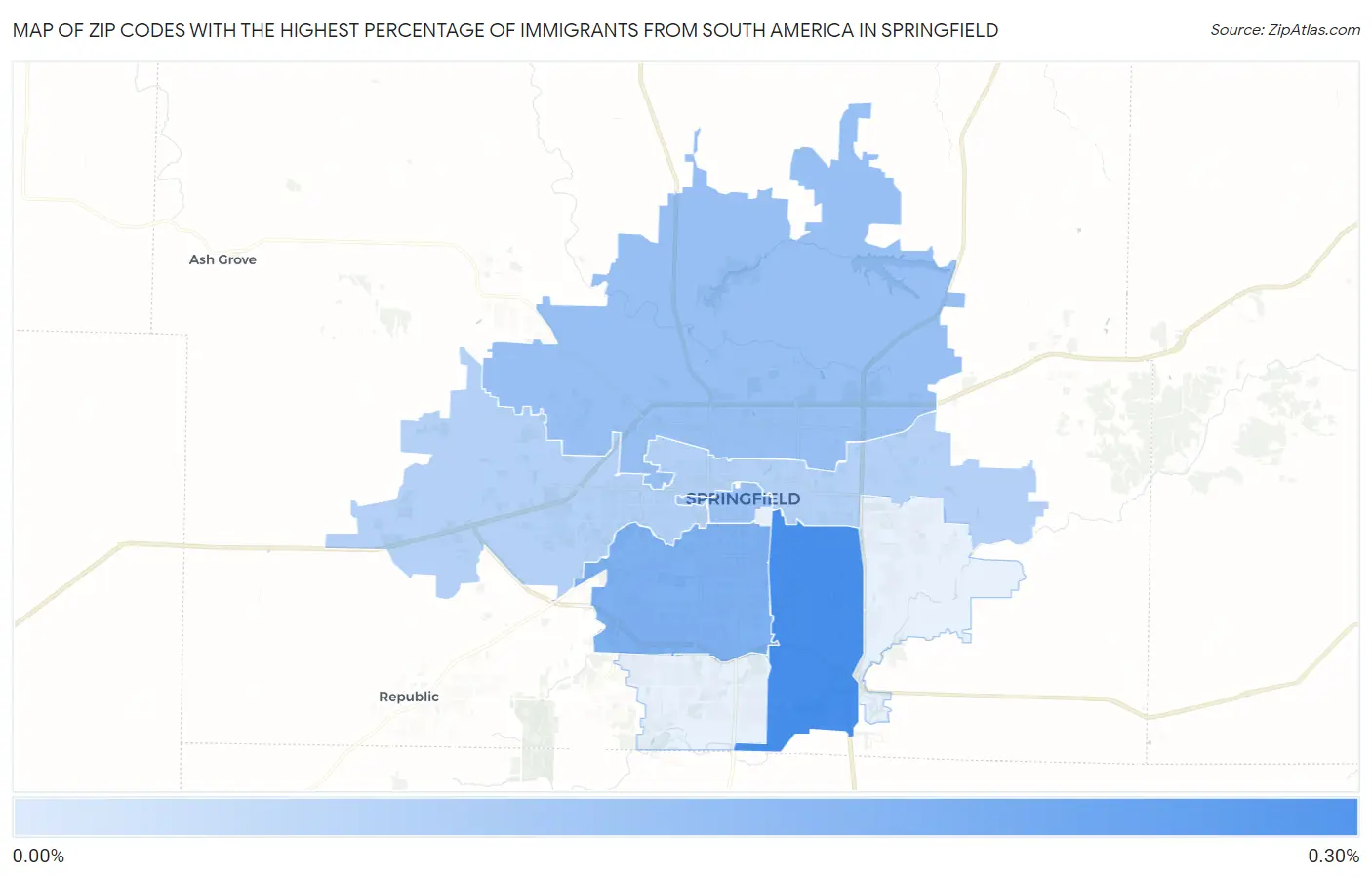 Zip Codes with the Highest Percentage of Immigrants from South America in Springfield Map