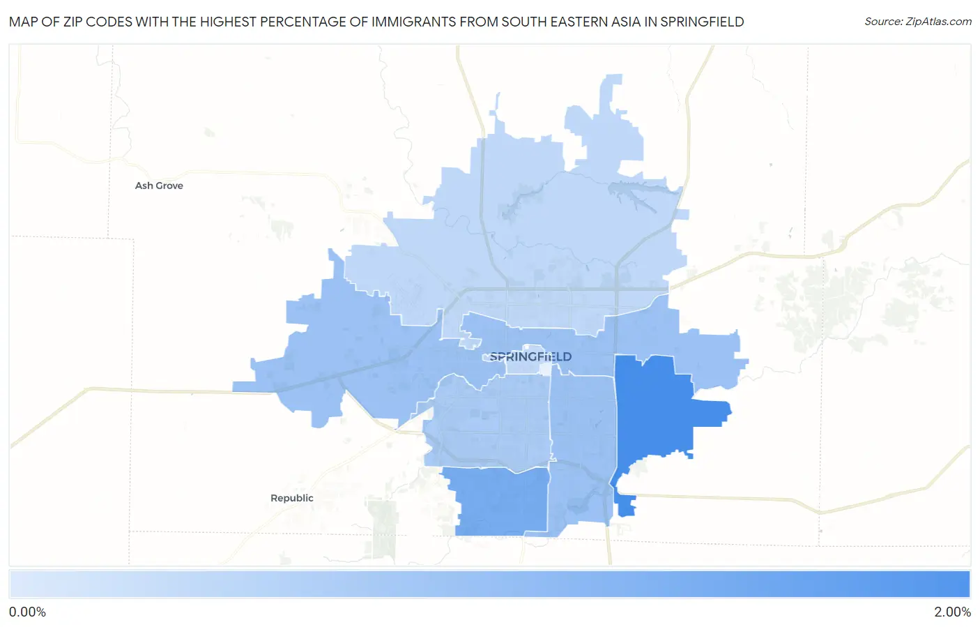 Zip Codes with the Highest Percentage of Immigrants from South Eastern Asia in Springfield Map