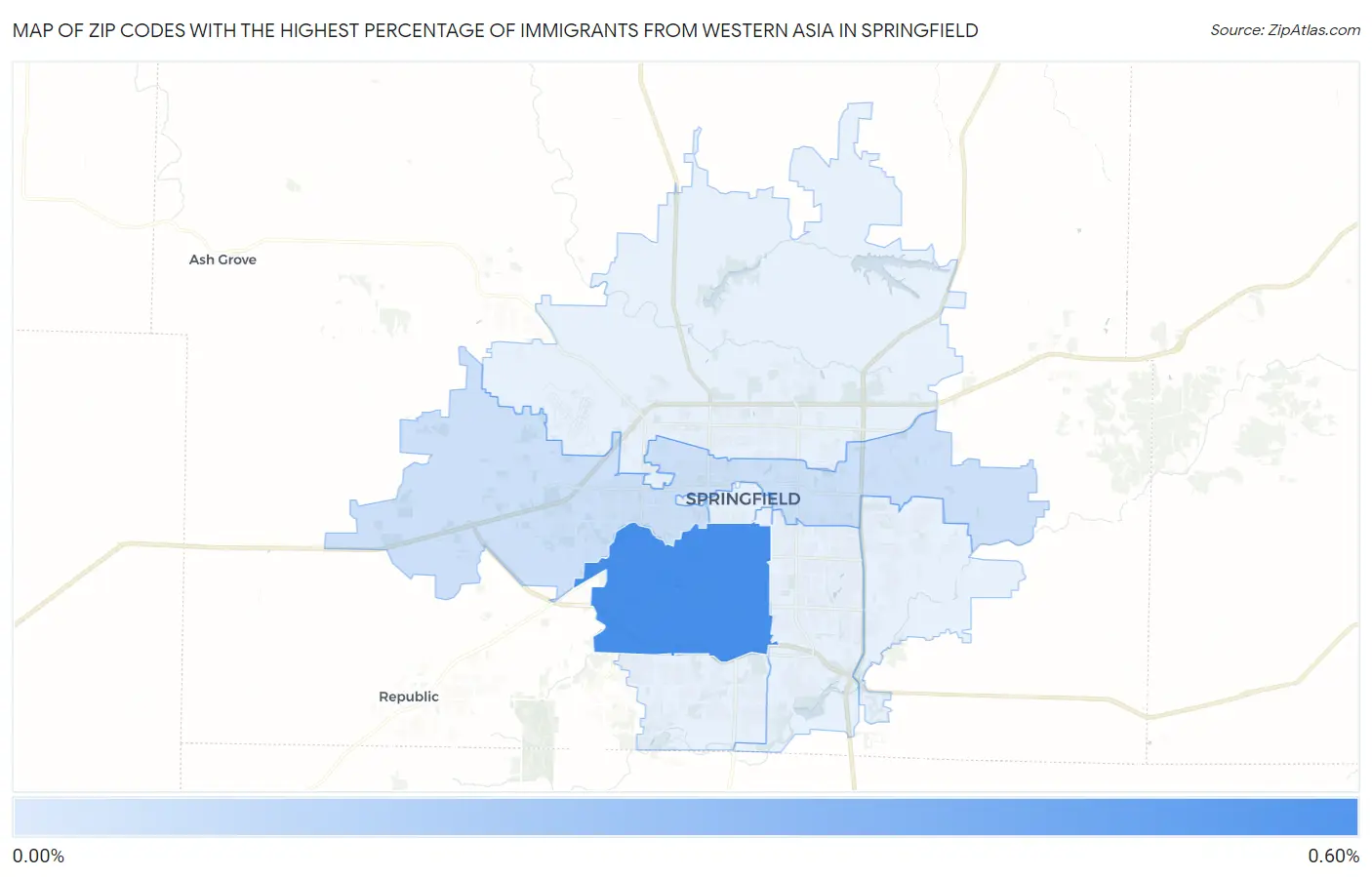 Zip Codes with the Highest Percentage of Immigrants from Western Asia in Springfield Map