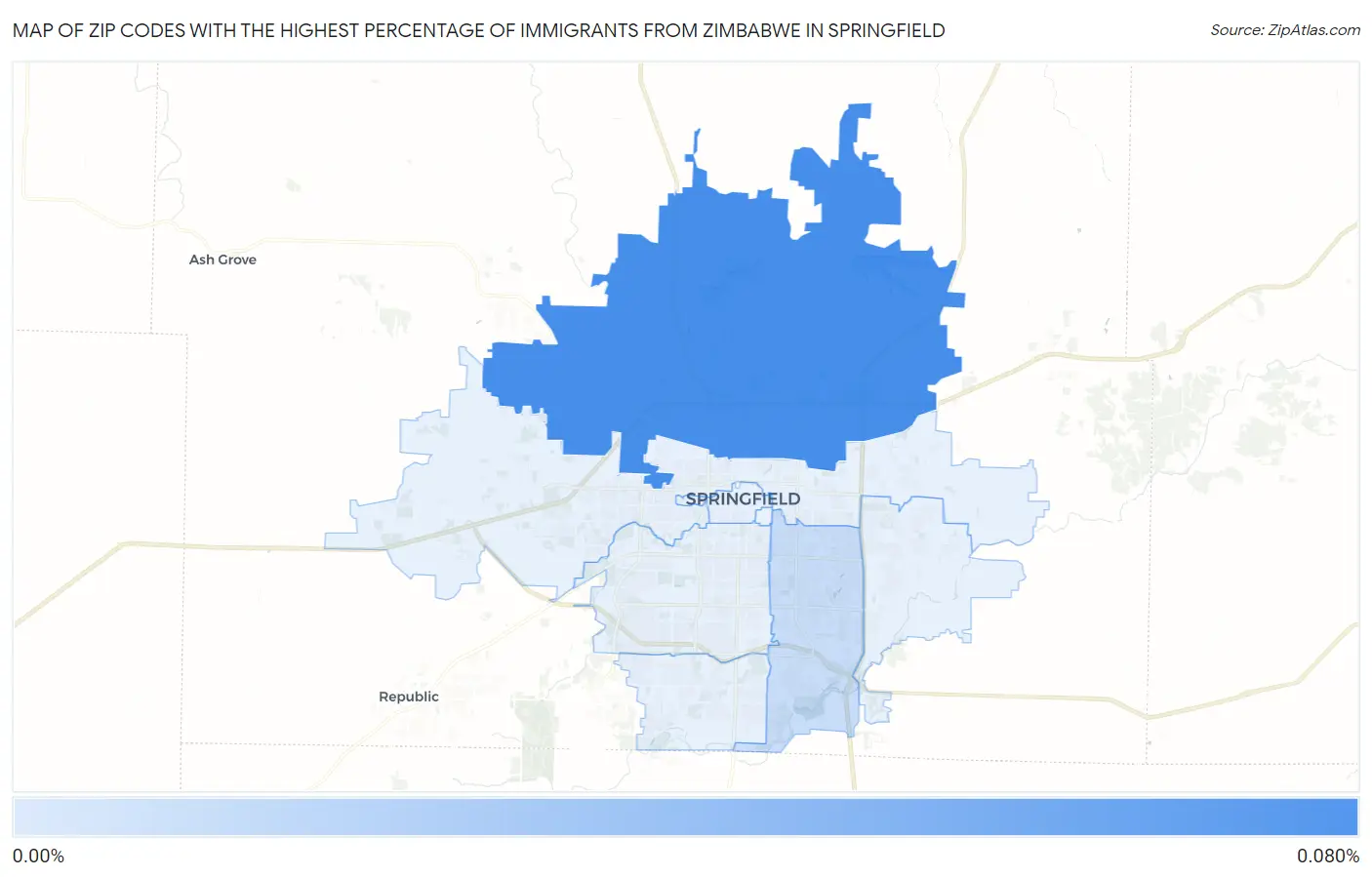 Zip Codes with the Highest Percentage of Immigrants from Zimbabwe in Springfield Map