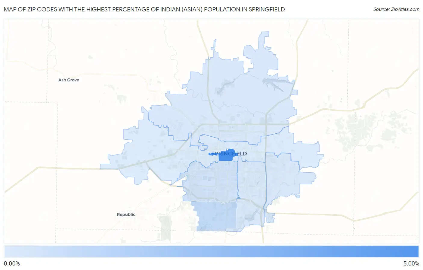 Zip Codes with the Highest Percentage of Indian (Asian) Population in Springfield Map