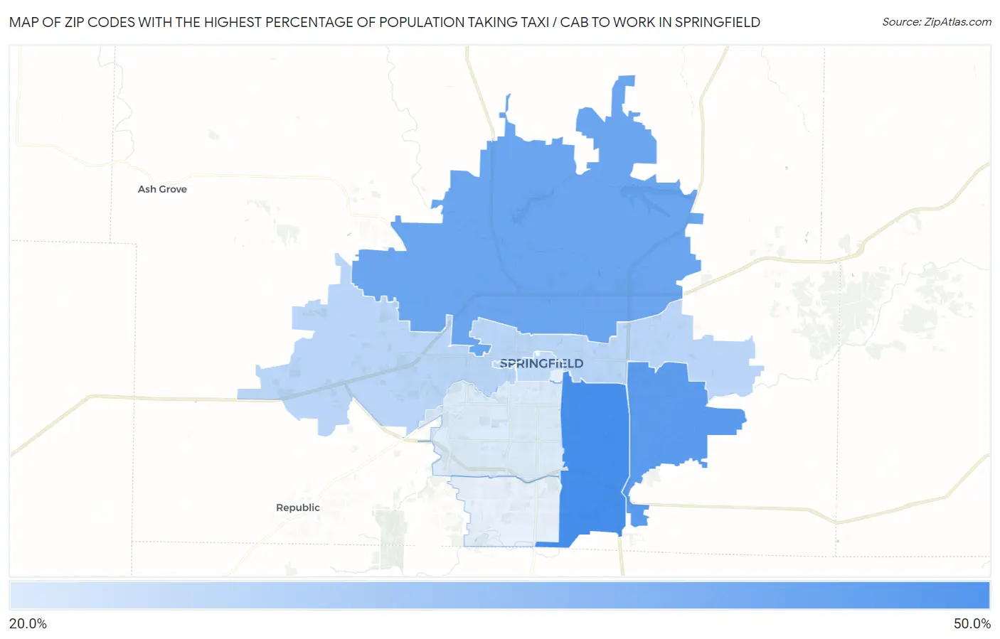 Zip Codes with the Highest Percentage of Population Taking Taxi / Cab to Work in Springfield Map