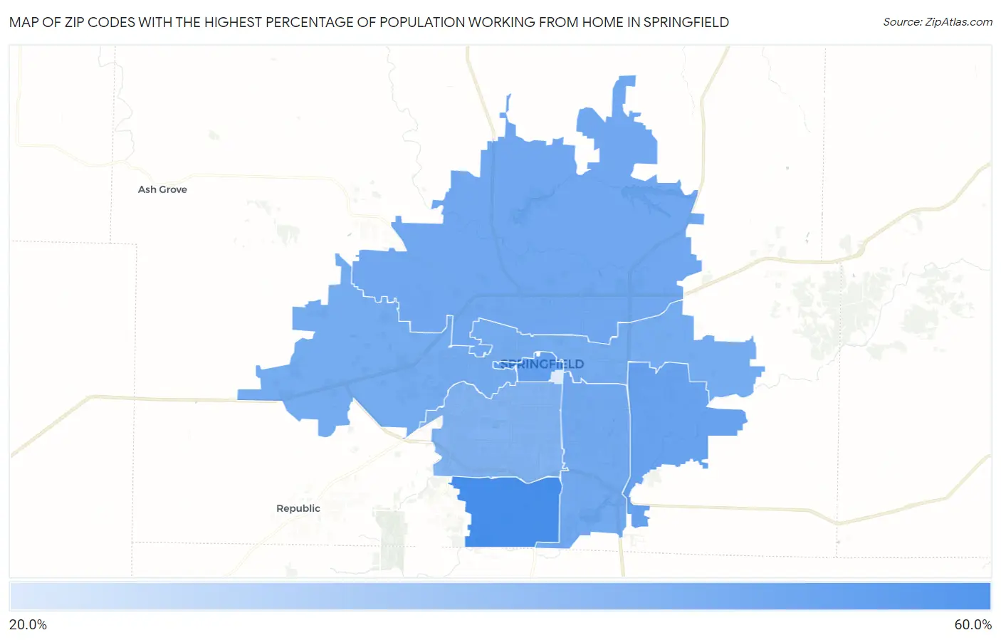 Zip Codes with the Highest Percentage of Population Working from Home in Springfield Map