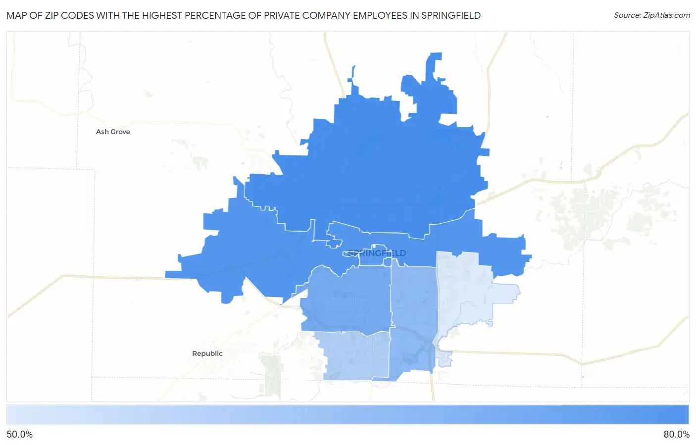 Zip Codes with the Highest Percentage of Private Company Employees in Springfield Map