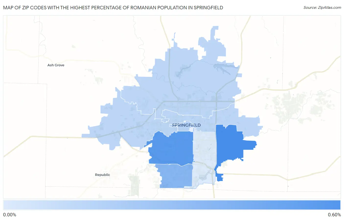 Zip Codes with the Highest Percentage of Romanian Population in Springfield Map