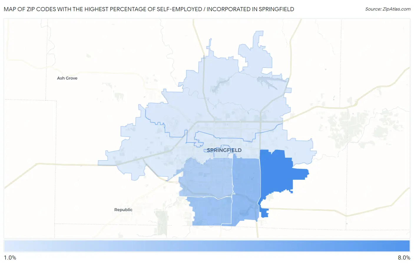 Zip Codes with the Highest Percentage of Self-Employed / Incorporated in Springfield Map