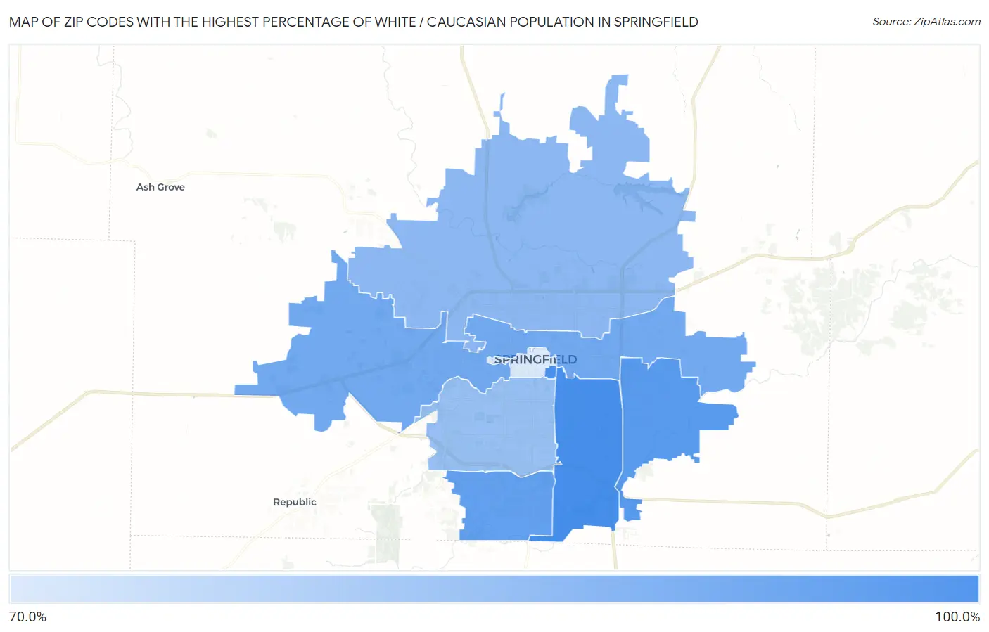 Zip Codes with the Highest Percentage of White / Caucasian Population in Springfield Map