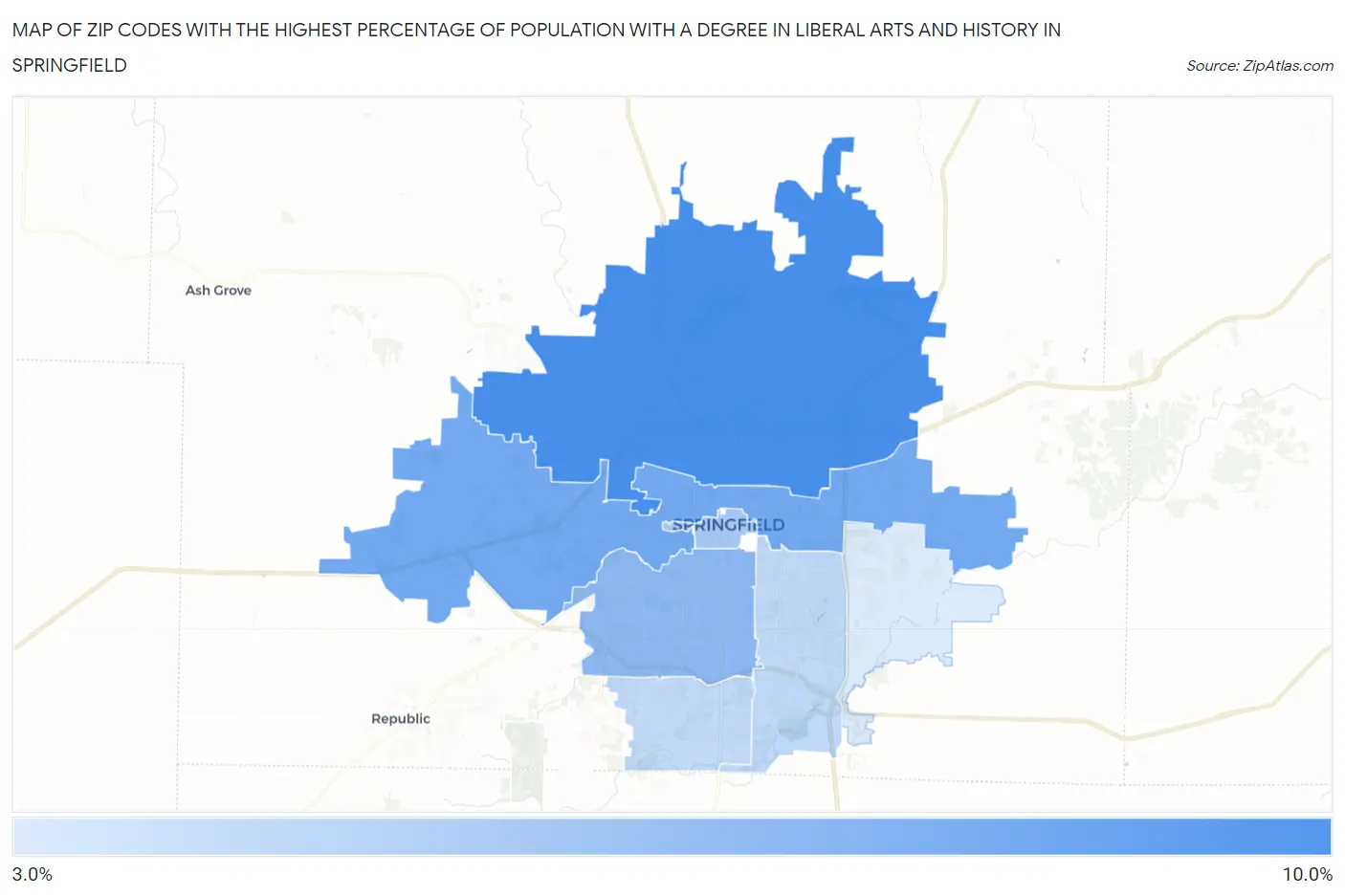Zip Codes with the Highest Percentage of Population with a Degree in Liberal Arts and History in Springfield Map
