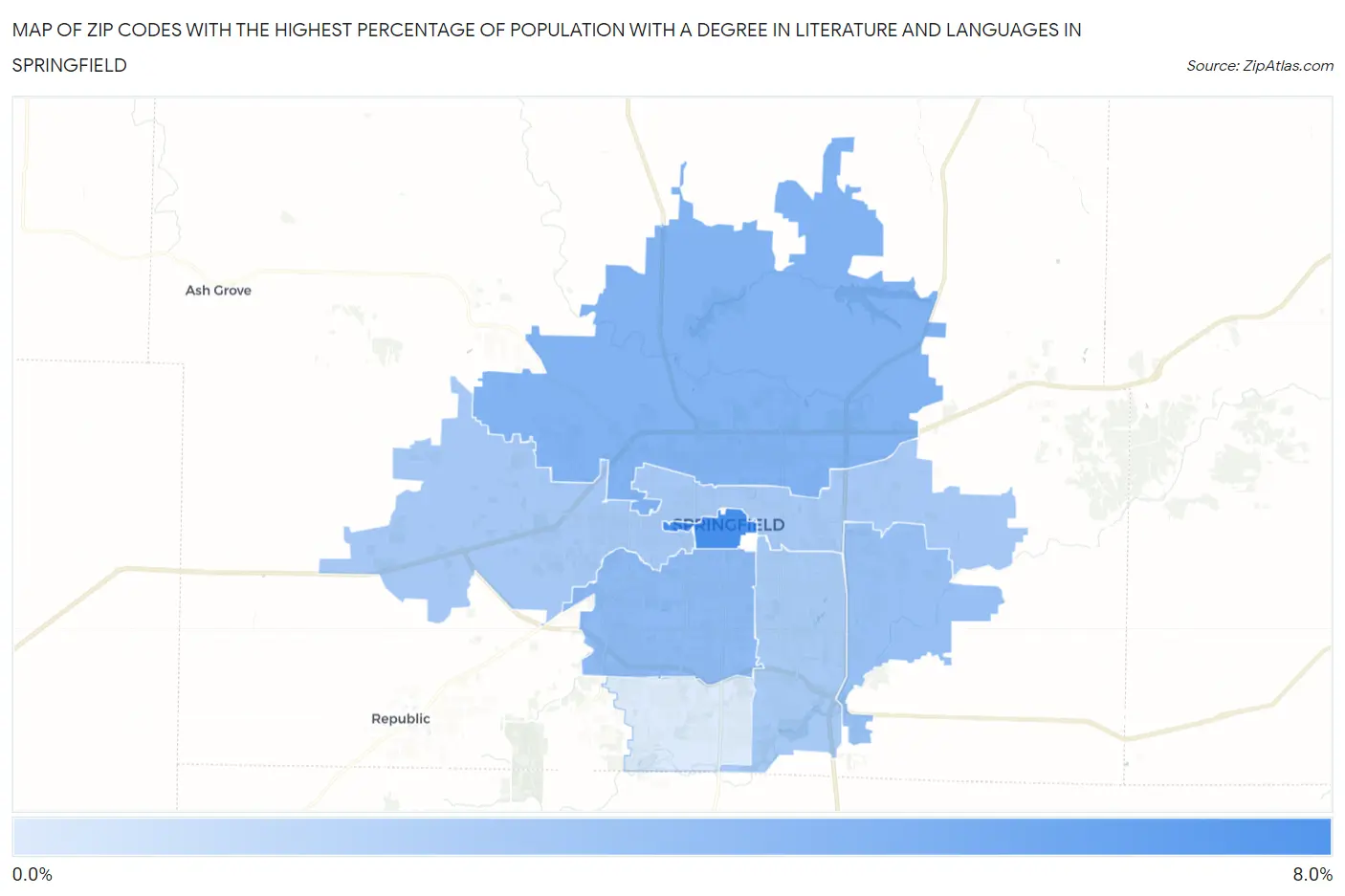Zip Codes with the Highest Percentage of Population with a Degree in Literature and Languages in Springfield Map
