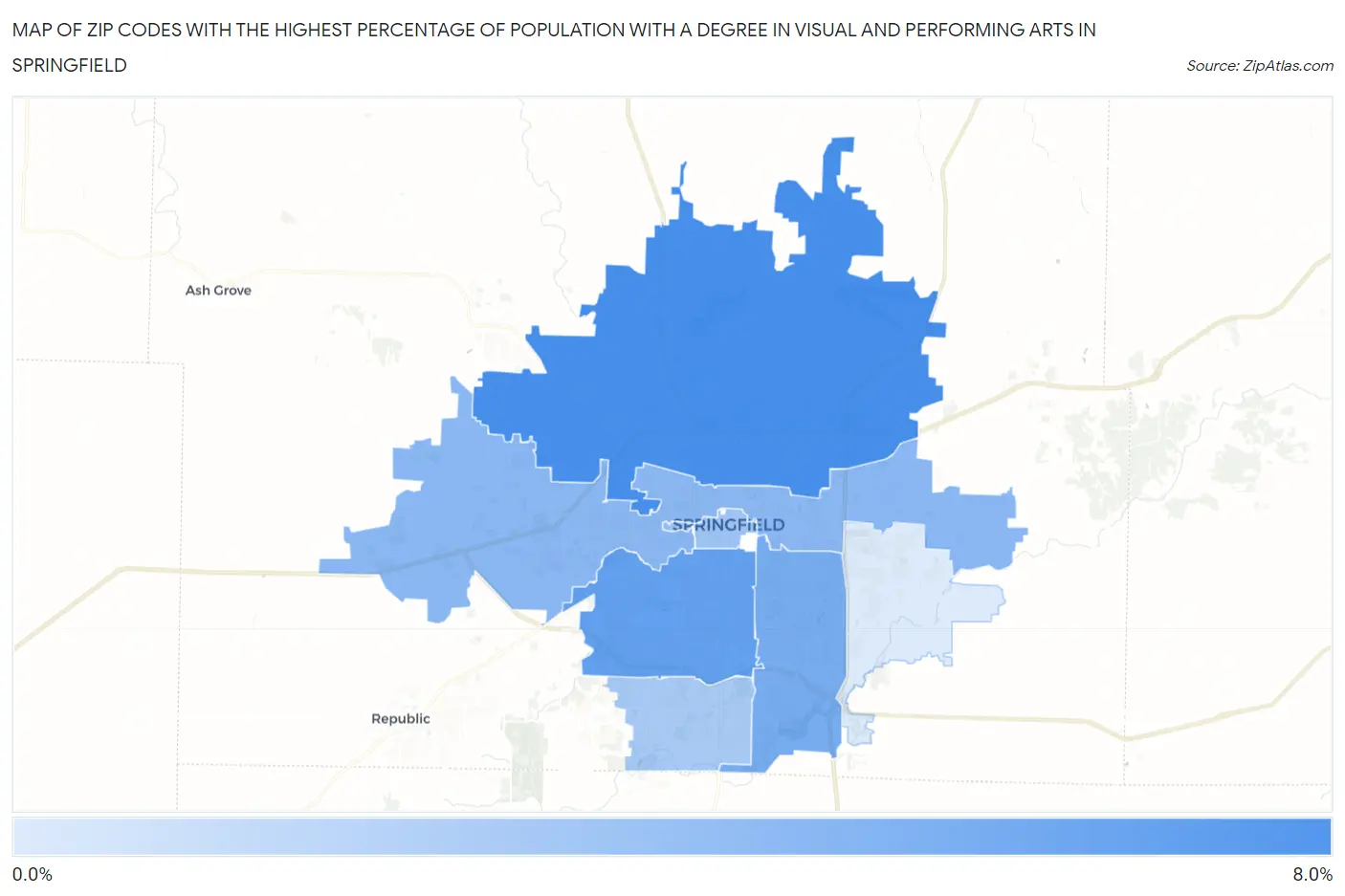 Zip Codes with the Highest Percentage of Population with a Degree in Visual and Performing Arts in Springfield Map