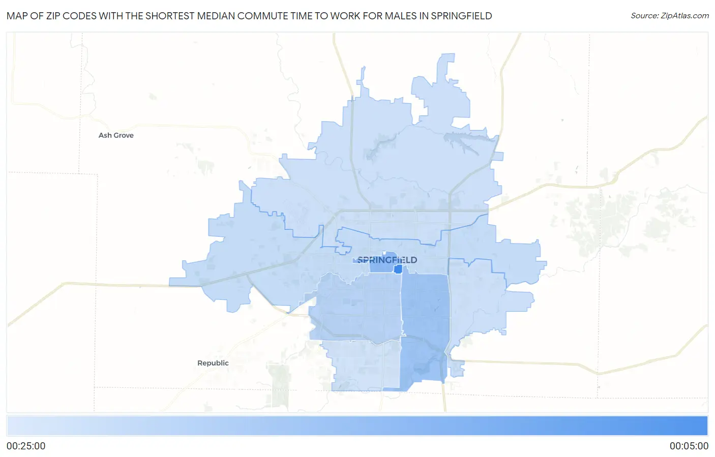 Zip Codes with the Shortest Median Commute Time to Work for Males in Springfield Map