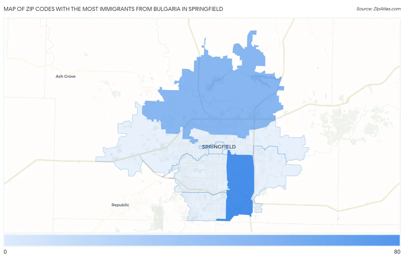 Zip Codes with the Most Immigrants from Bulgaria in Springfield Map